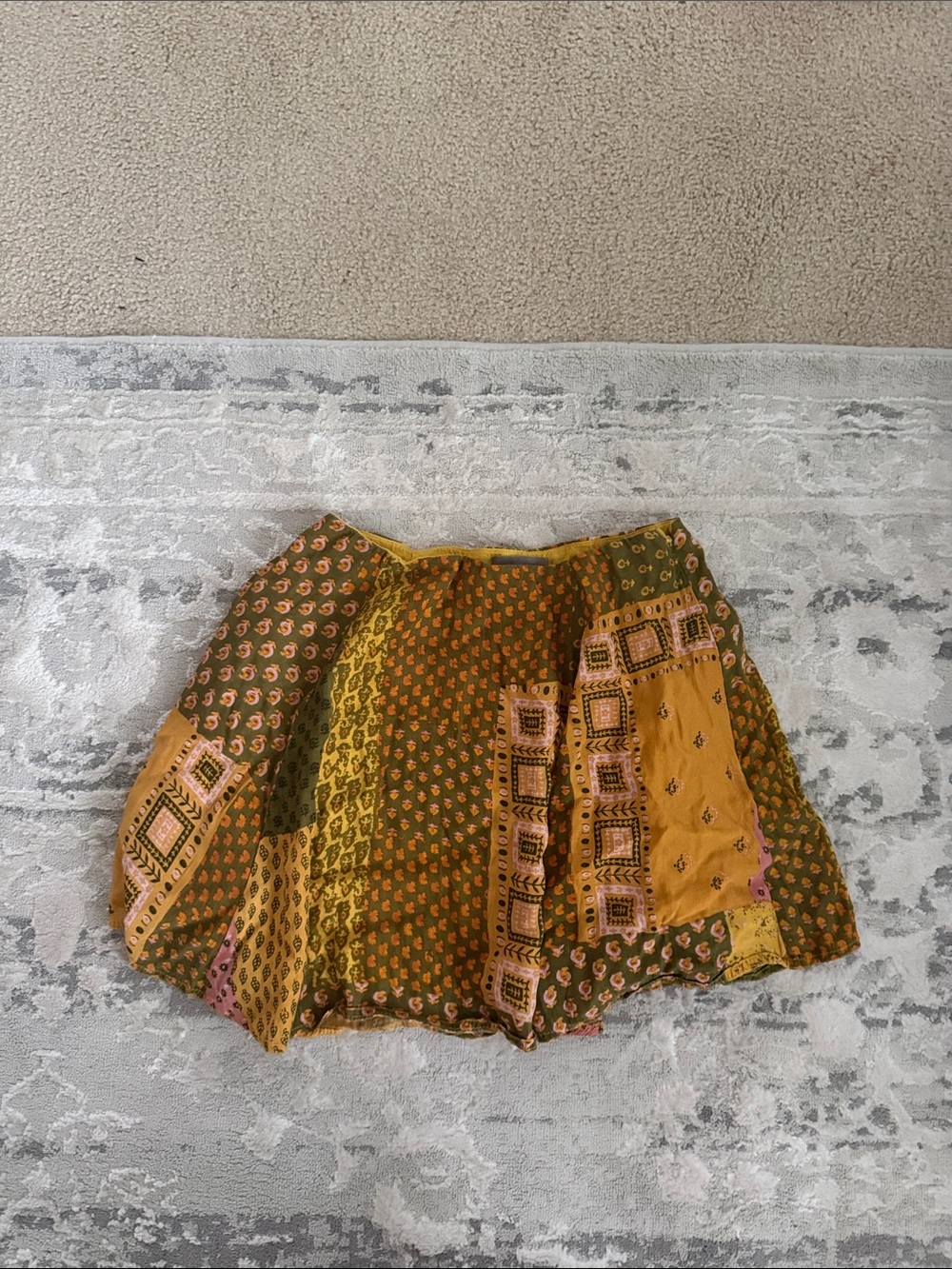 Bohemian Patchwork Midi Skirt in Mustard and Olive